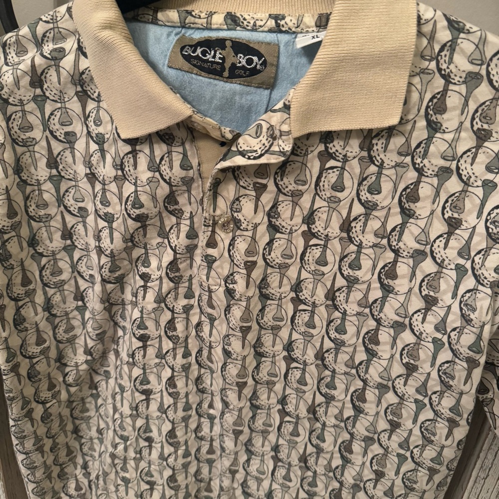 Bugle Boy Vintage Men's Patterned Golf Tees Polo Shirt - Beige Size Extra Large